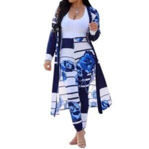 Meliah White Navy Blue Stripe Florals Open Front Cardigan Leggings 2 Piece Suit